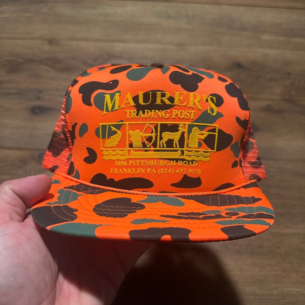 Vintage Ideal Orange Camo Maurer's Trading Post Trucker Hat Men OSFA